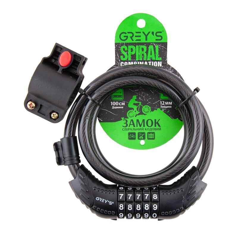 Велозамок тросовий 1000мм Grey's кодовий зі зміною коду (GR31210)
