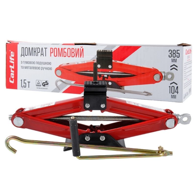 Домкрат механічний ромбоподібний 1.5т CarLife 104-385мм для автомобіля в картонній упаковці (SJ222)
