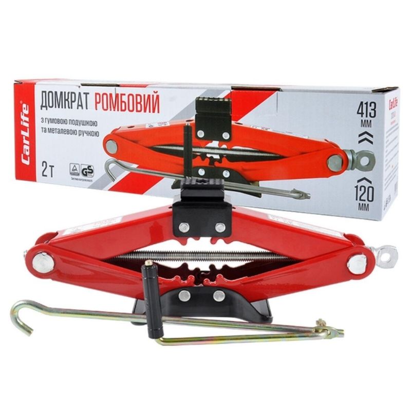 Домкрат механічний ромбоподібний 2т CarLife 120-413мм для автомобіля в картонній упаковці (SJ227)