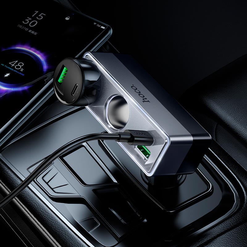 Адаптер автомобільний HOCO Smart dual cigarette lighter PD car charger Z65B |1USB/1Type-C/2DC, 240W,