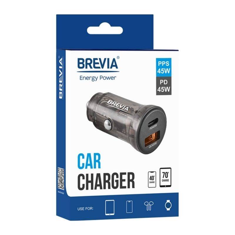 Автомобільний зарядний пристрій Brevia ePower DualCharge 45W 1xUSB-C+1xUSB-A, прозорий чорний (46145