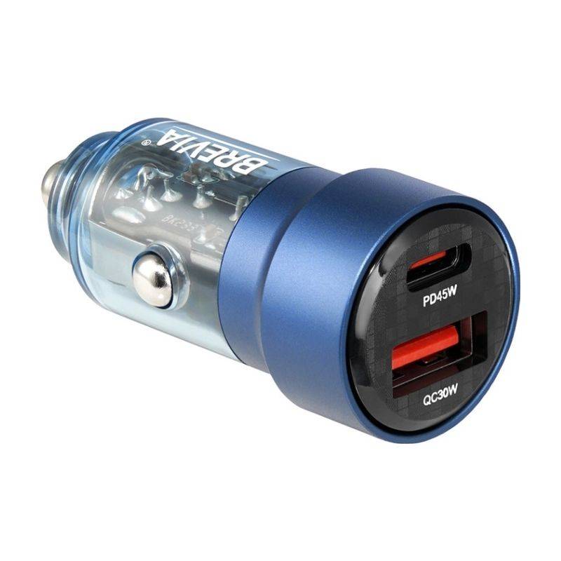 Автомобільний зарядний пристрій Brevia ePower DualCharge 75W 1xUSB-C+1xUSB-A, прозорий синій (46575C