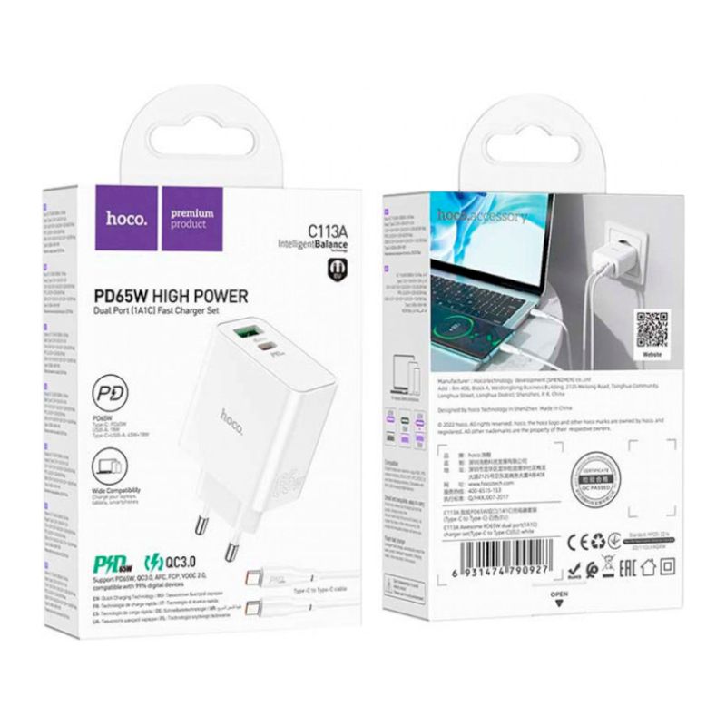Адаптер мережевий 65W/3A Hoco Awesome 1USB/1Type-C PD/QC (C113A)