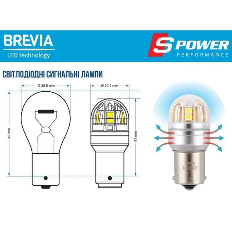Brevia S-Power P21W 330Lm 15x2835SMD 12/24V CANbus, 2шт (10201X2)