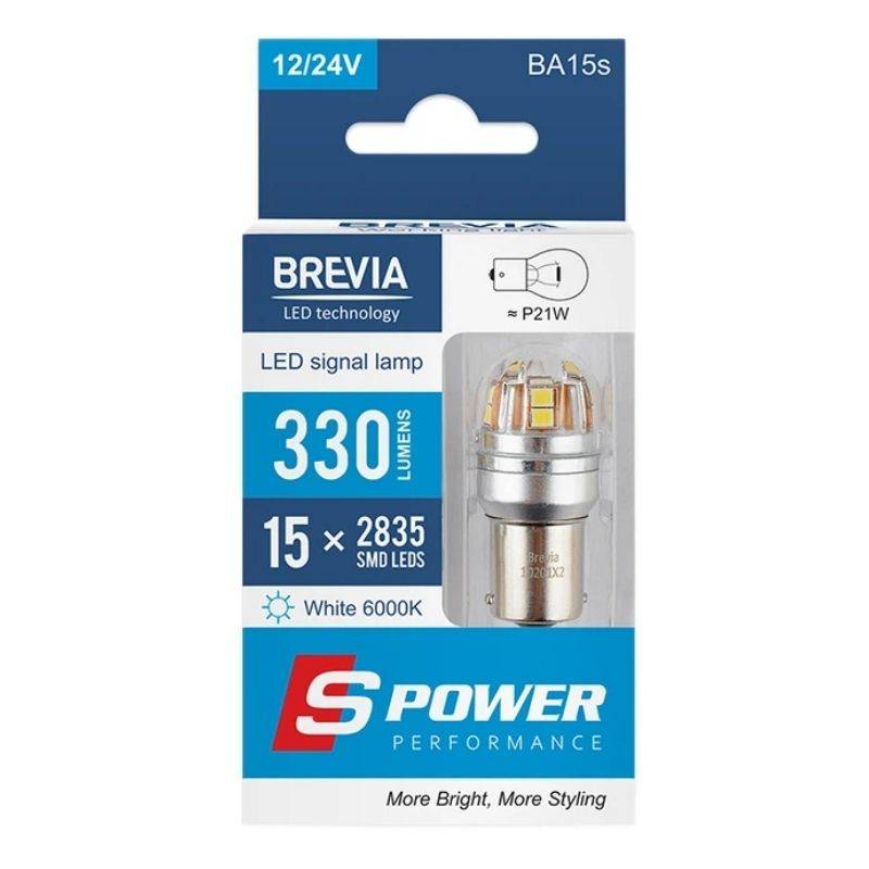 Brevia S-Power P21W 330Lm 15x2835SMD 12/24V CANbus, 2шт (10201X2)