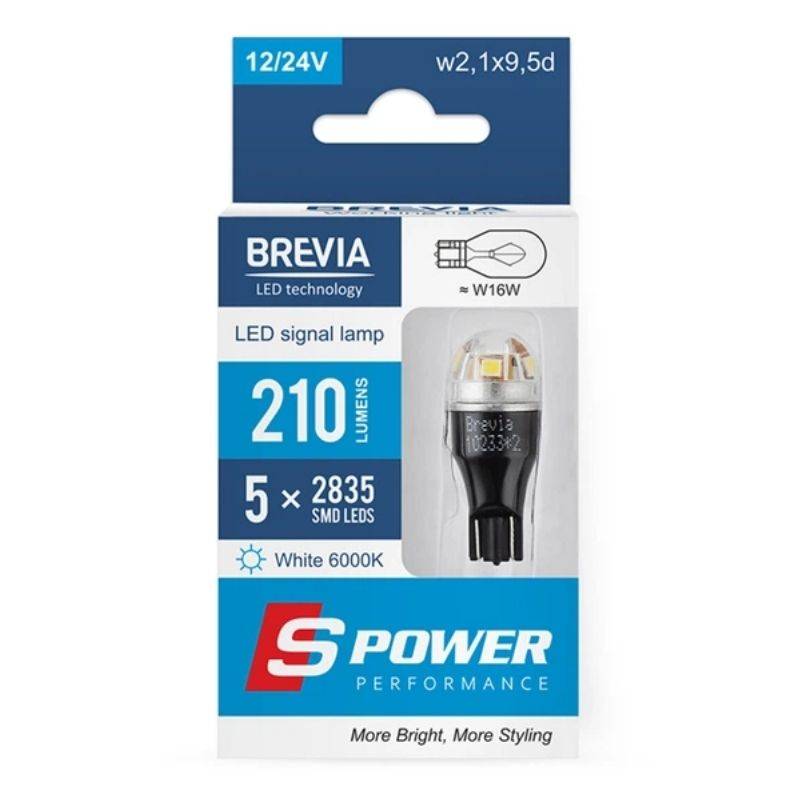 Brevia S-Power W16W 210Lm 5x2835SMD 12/24V CANbus, 2шт (10233X2)