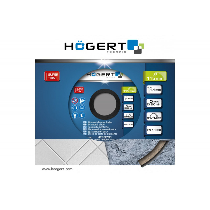 Диск алмазний відрізний, суцільна кромка 115х1.4х22.2 мм Hogert (HT6D701)