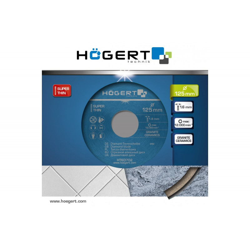 Диск відрізний алмазний, суцільна кромка 125х1.6х22.2 мм Hogert (HT6D702)