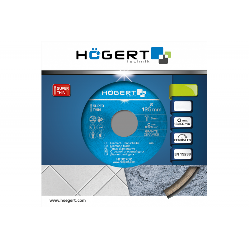 Диск відрізний алмазний, суцільна кромка 125х1.6х22.2 мм Hogert (HT6D702)
