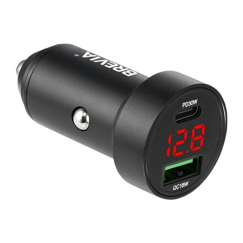 Автомобільний зарядний пристрій Brevia ePower DualMetal Display 48W 1xUSB-C+1xUSB-A, чорний металік