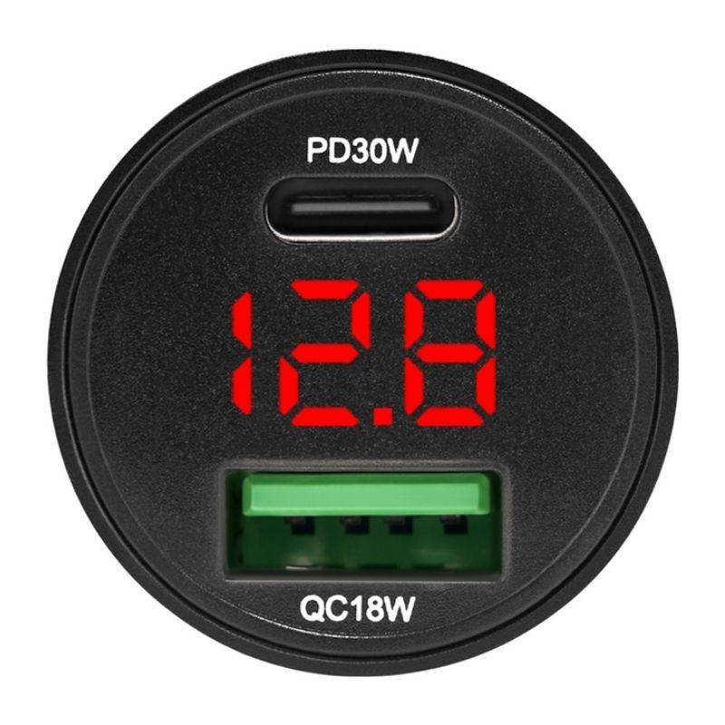 Автомобільний зарядний пристрій Brevia ePower DualMetal Display 48W 1xUSB-C+1xUSB-A, чорний металік