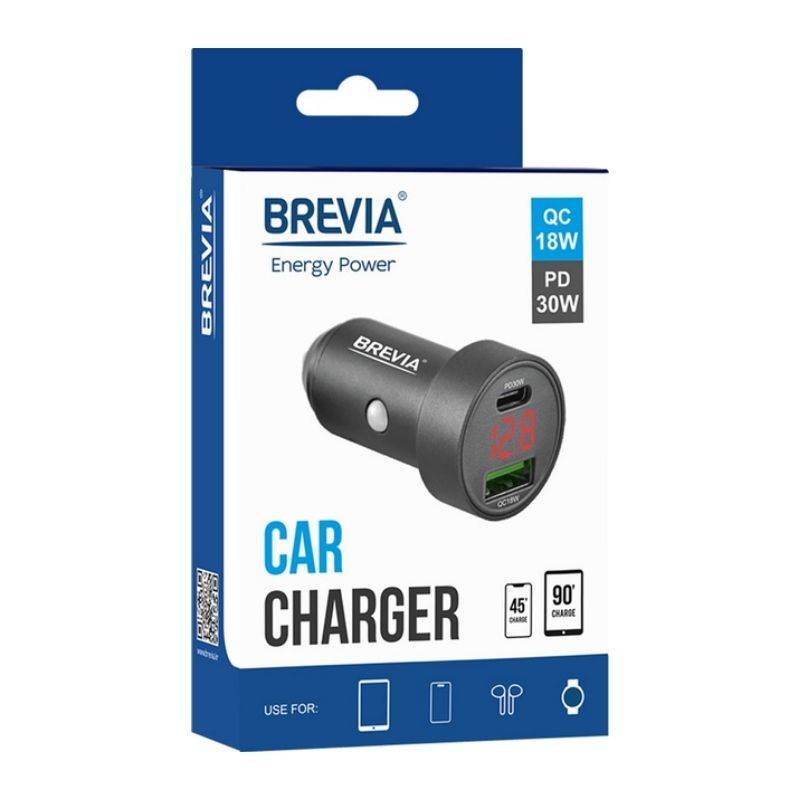 Автомобільний зарядний пристрій Brevia ePower DualMetal Display 48W 1xUSB-C+1xUSB-A, чорний металік