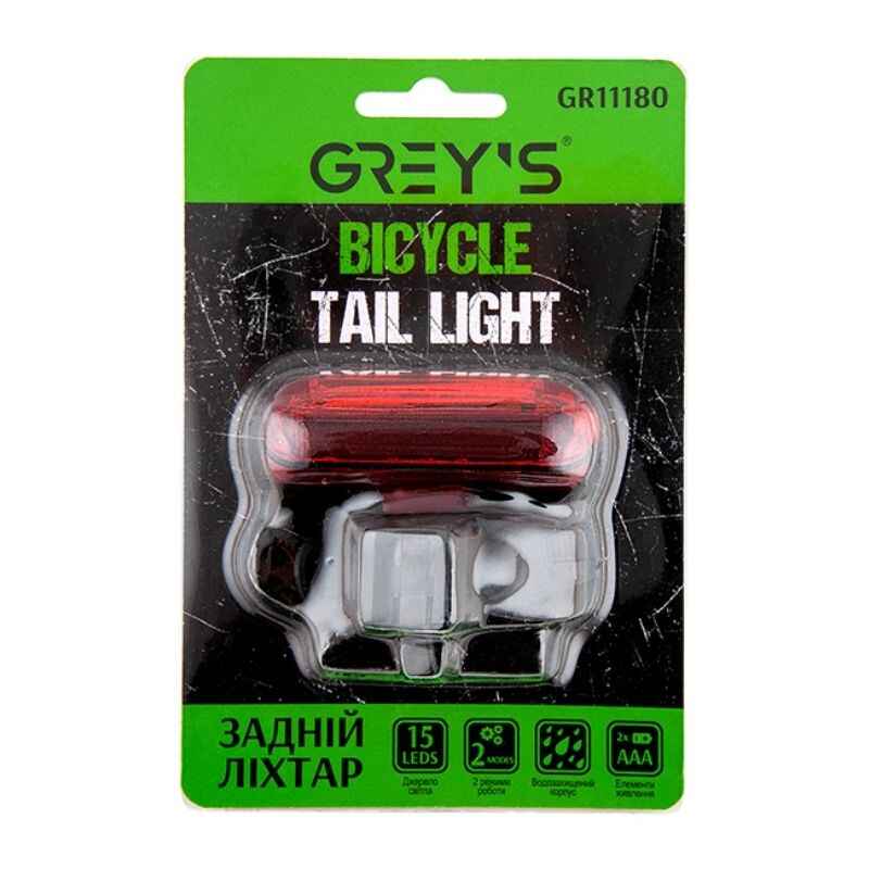 Задній ліхтар на велосипед 15 світлодіодів Grey's 2хAAA вологостійкий 2 режими до 5 годин роботи (GR11180)