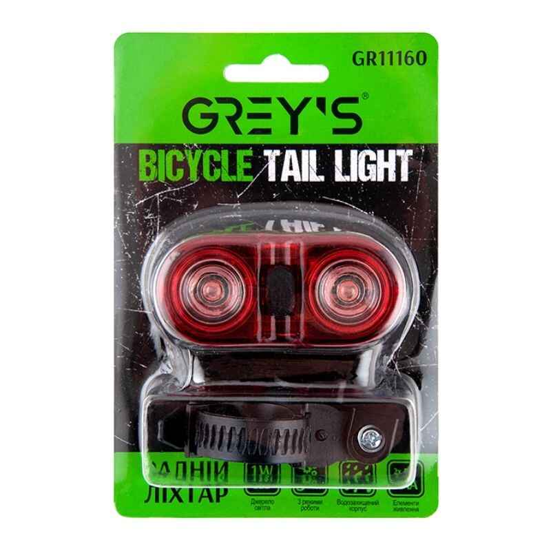 Задній ліхтар на велосипед 2 світлодіоди Grey's 2хAAA вологостійкий 3 режими до 5 годин роботи (GR11160)