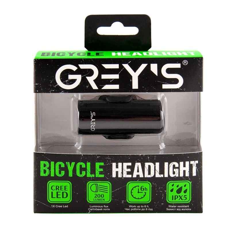 Фара на велосипед на кермо 200Lm Grey's 700mAh IPX5 4 режими до 6 годин роботи (GR10160)