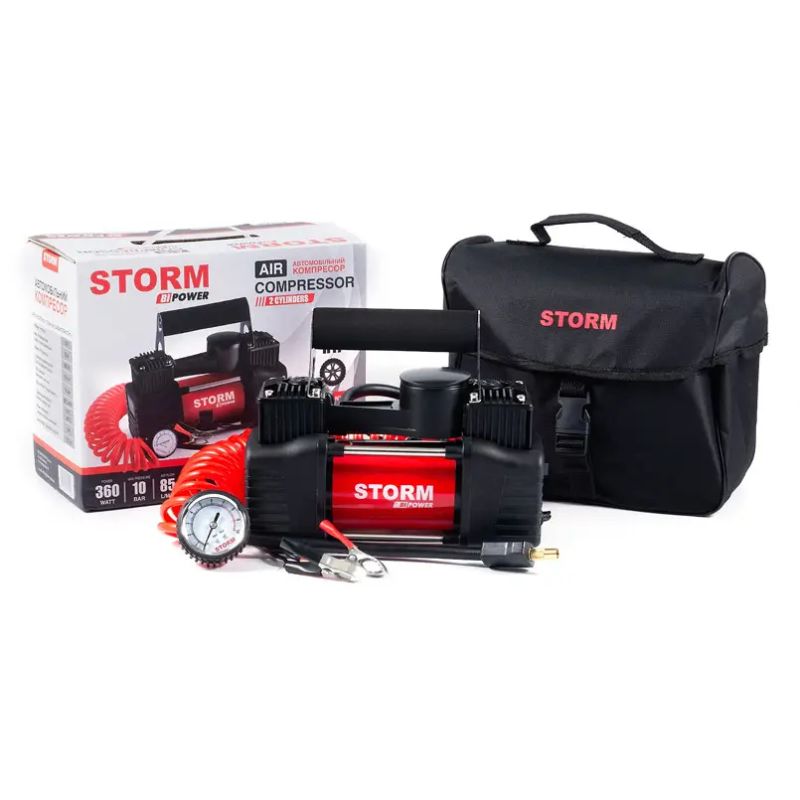 Автомобільний компресор із затискачами двопоршневий для шин R13-R17 на АКБ STORM Bi-Power 10Атм 85л/хв 360Вт (20400)