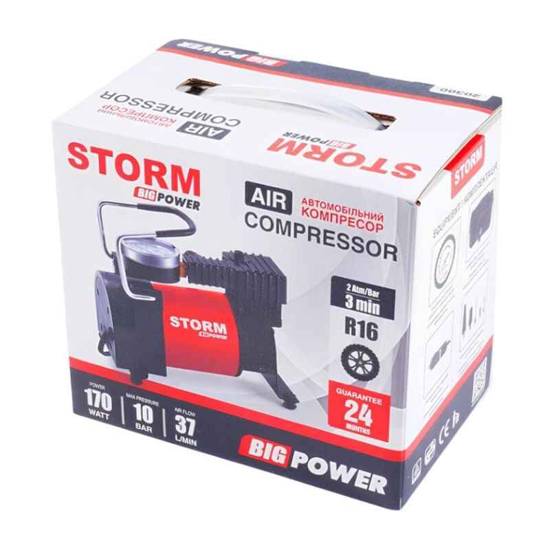 Автомобільний компресор у прикурювач однопоршневий для шин R13-R16 STORM Big Power 10Атм 37л/хв 170Вт (20310)