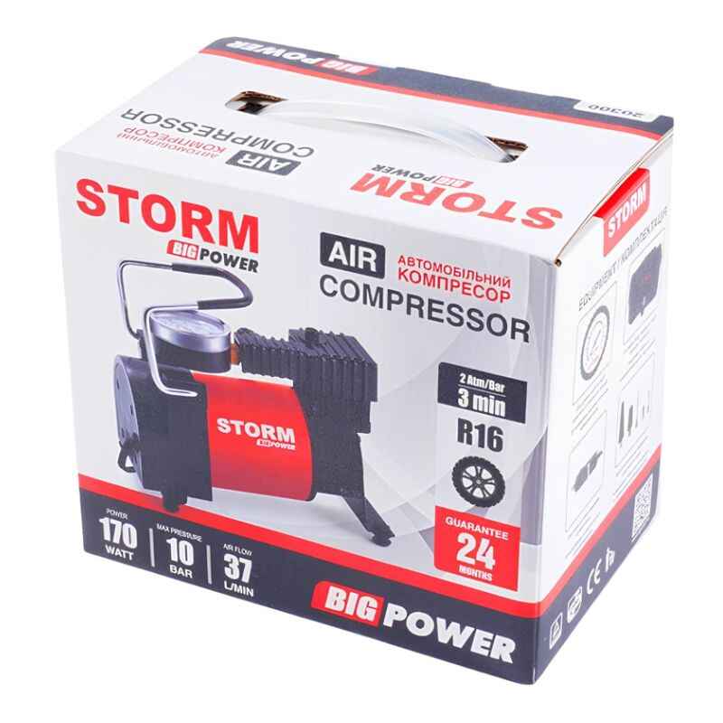 Автомобільний компресор у прикурювач однопоршневий для шин R13-R16 STORM Big Power 10Атм 37л/хв 170Вт (20300)