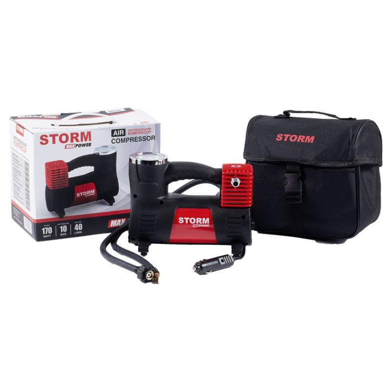 Автомобільний компресор однопоршневий для шин R13-R16 в прикурювач STORM Max Power 10Атм 40л/хв 170Вт (20500)