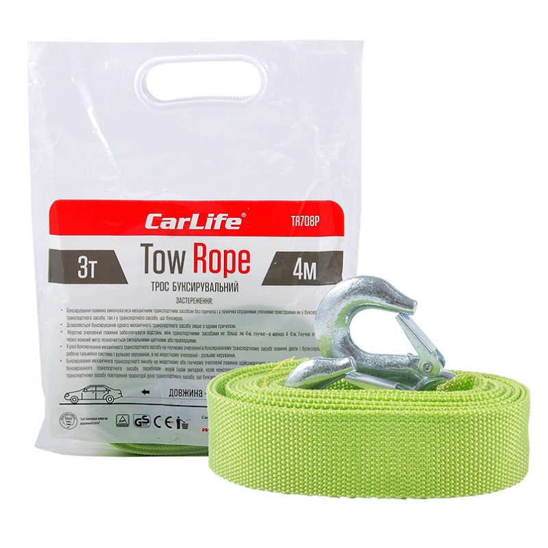 Трос буксирувальний 3т-4м зелений Carlife (TR708/P)