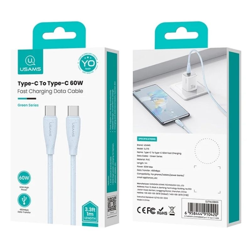 Кабель для зарядки і передачі даних Type-C-Type-C 480Мб/с 60W 1м блакитний Usams Green Series (SJ716USB03)