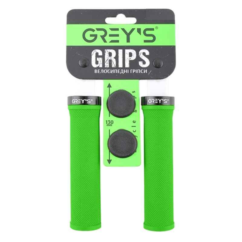 Гріпси на велосипед 13см Grey's з одностороннім замком і заглушками зелені 2шт (GR17420)