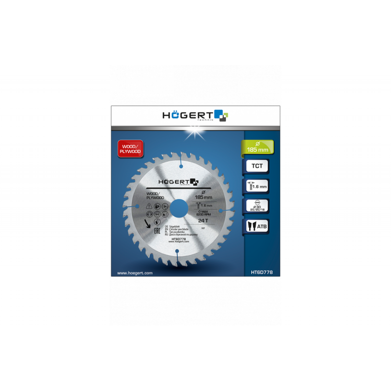 Диск пильный по дереву 185x24Tx30 Hogert (HT6D778)
