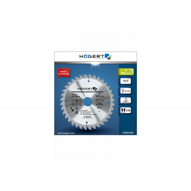 Диск пильний по дереву 185x40Tx30 Hogert (HT6D780)
