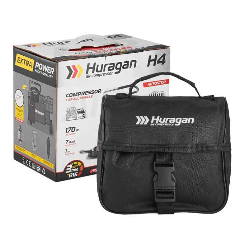 Автокомпресор однопоршневий від прикурювача HURAGAN автомобільний компресор з автостопом для шин R13-R16 7Атм 37л/хв 170Вт (H0400)