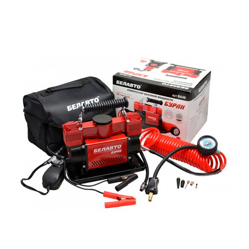 Автомобільний компресор двопоршневий BelAuto БУРАН з крученим шлангом 10Атм 90 л/хв 380Вт (BK46)