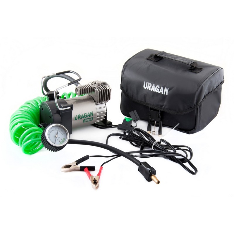 Автокомпресор однопоршневий на клеми АКБ URAGAN спіральний шланг автомобільний компресор для шин R13-R17 10Атм 40 л/хв 200Вт (90140)