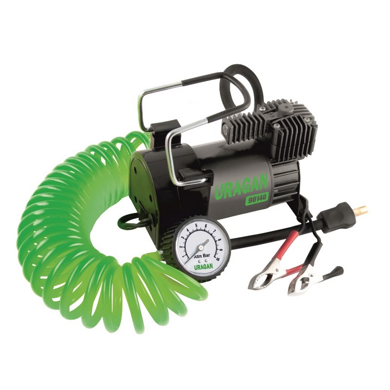 Автокомпресор однопоршневий на клеми АКБ URAGAN спіральний шланг автомобільний компресор для шин R13-R17 10Атм 40 л/хв 200Вт (90140)