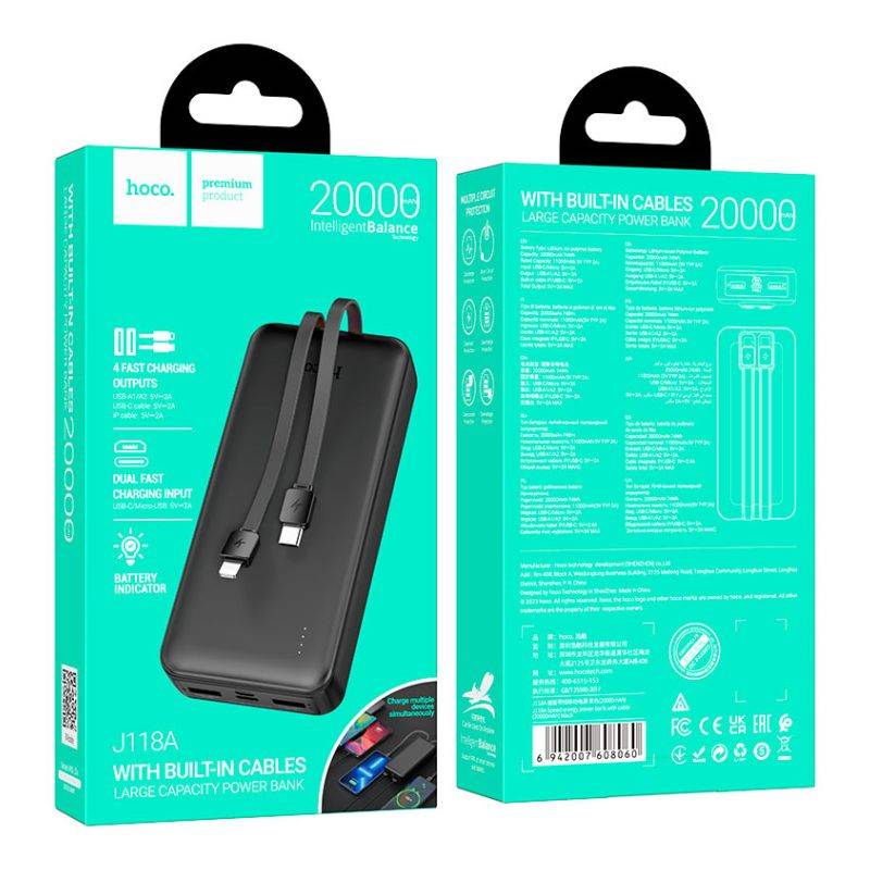 Повербанк 20000mAh 2А Hoco J118A Power Bank USB Type-C Lightning с кабелем (J118A)