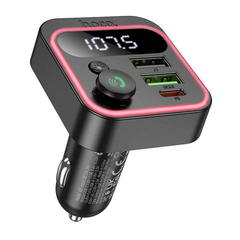 Адаптер автомобільний HOCO Tiger car BT FM transmitter E85 |2USB/1Type-C, 20W/3A, PD/QC|