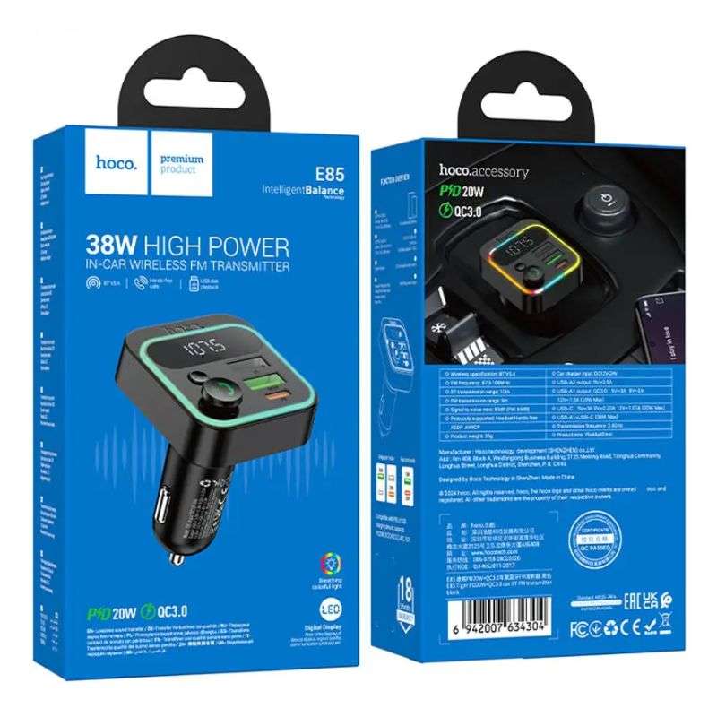 Адаптер автомобільний HOCO Tiger car BT FM transmitter E85 |2USB/1Type-C, 20W/3A, PD/QC|