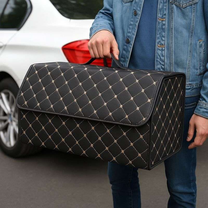 Органайзер в багажник автомобіля чорний штучна шкіра 2 відділення на липучці 54смХ30смХ30см (44650/black beige)