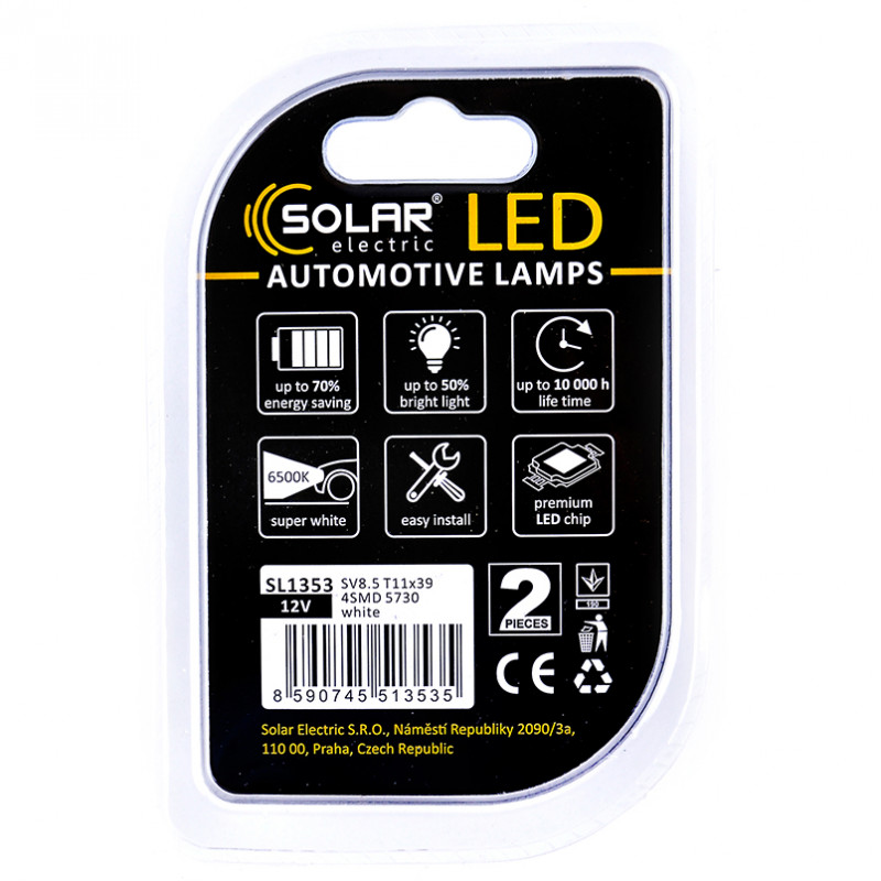 LED автолампа SOLAR 12V SV8.5 T11x39 4SMD white, 2шт (SL1353)