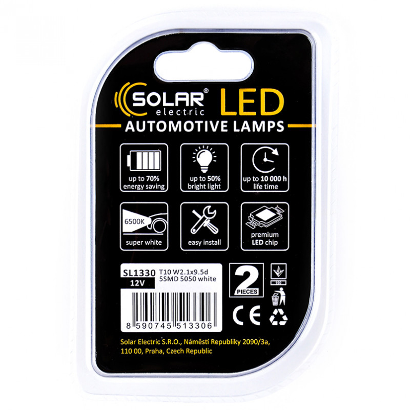 LED автолампа SOLAR 12V T10 W2.1x9.5d 5SMD white, 2шт (SL1330)