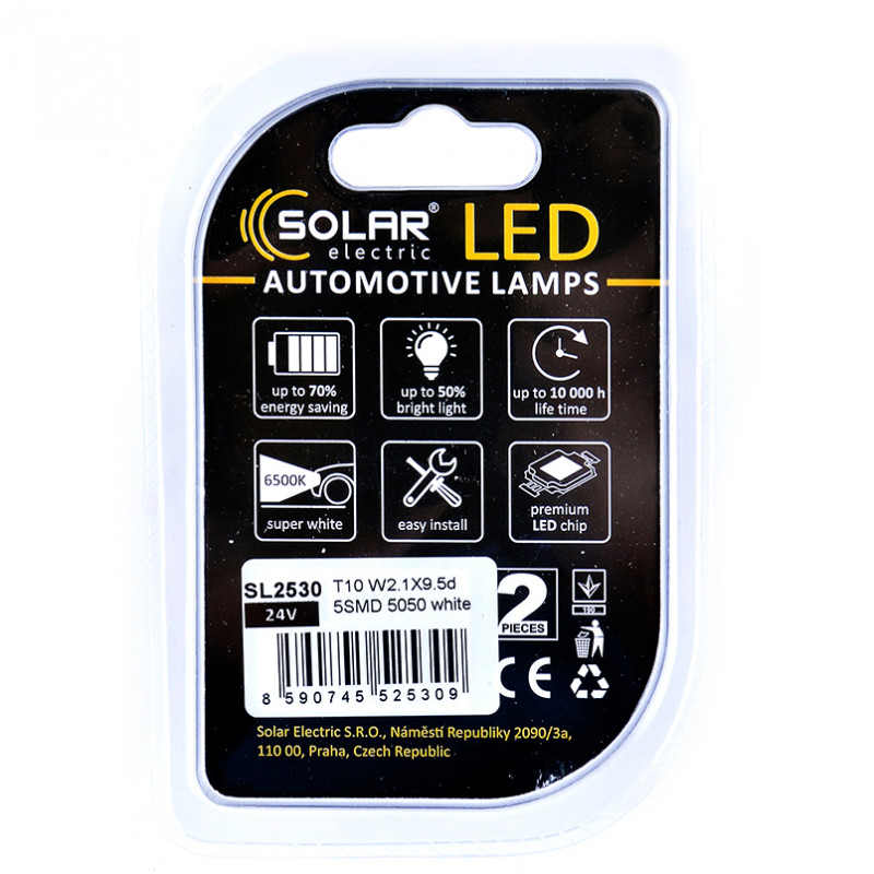 LED автолампа SOLAR 24V T10 W2.1x9.5d 5SMD white, 2шт (SL2530)