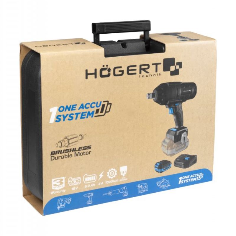 Ударний гайковерт безщітковий 1000 Нм 18В Hogert + акумулятор 4Ач + зарядна станція (HT2E254-B16IW)