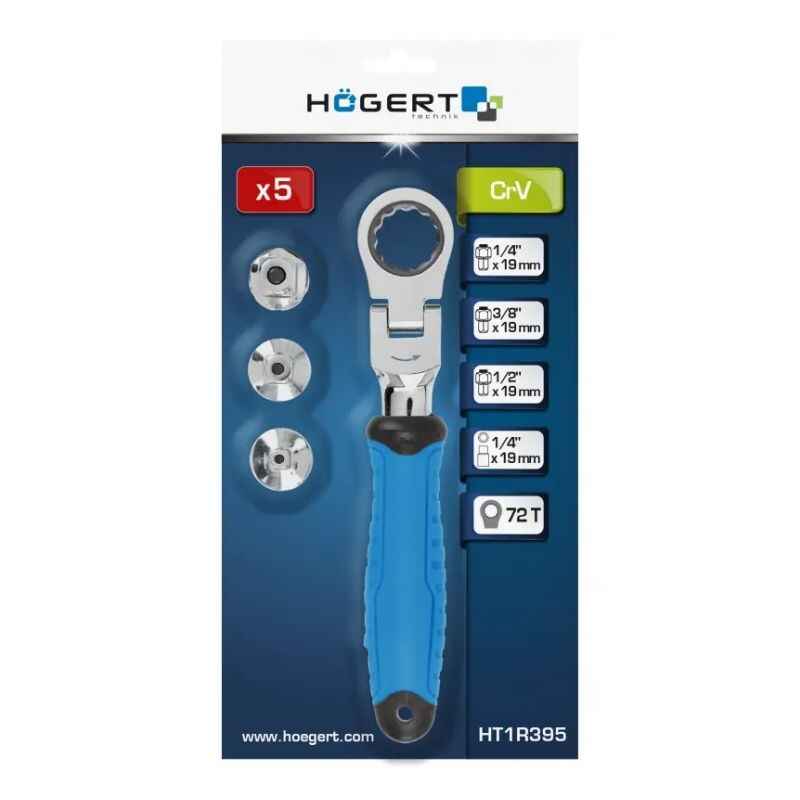 Ключ с трещоткой и шарниром 1/2" 1/4" 3/8" 255мм CrV Hogert со сменными адаптерами (HT1R395)