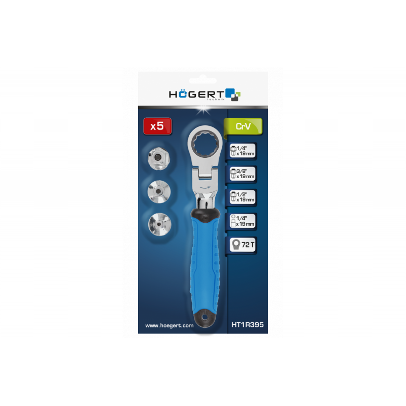 Ключ із тріскачкою і шарніром 1/2" 1/4" 3/8" 255мм CrV Hogert зі змінними адаптерами (HT1R395)