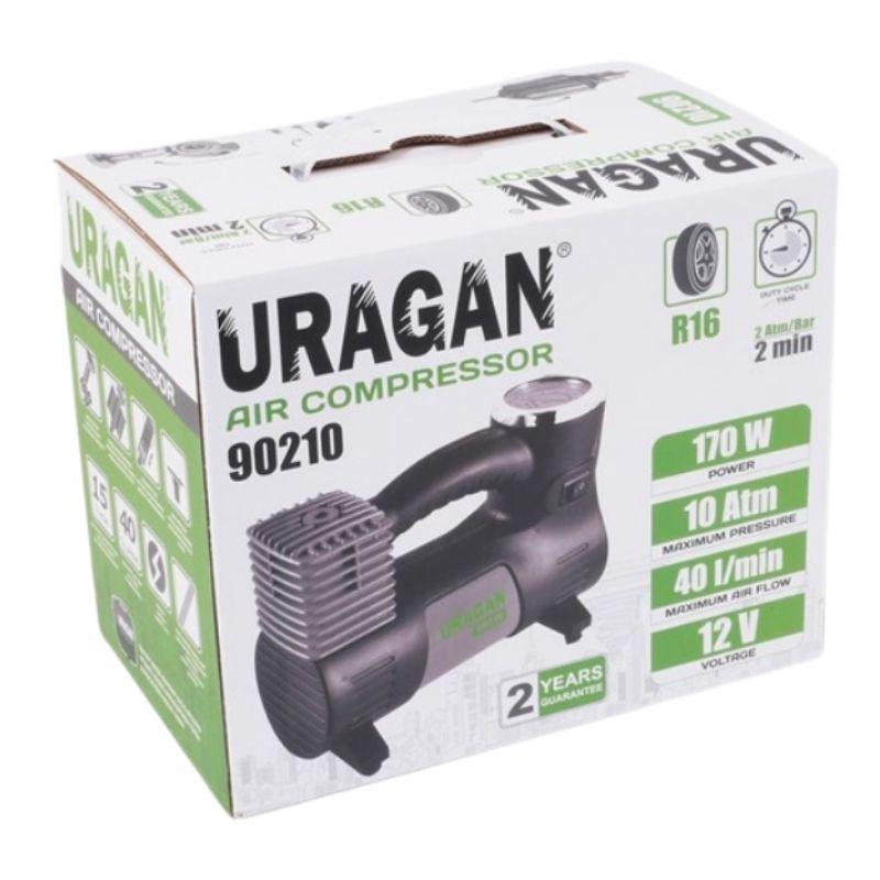 Автокомпресор однопоршневий від прикурювача URAGAN автомобільний компресор для шин R13-R17 7Атм 40 л/хв 170Вт (90210)