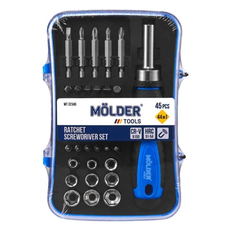 Отвертка реверсивная с битами 45шт Molder CrV с магнитным захватом PH PZ SL Torx Hex PL (MT32345)
