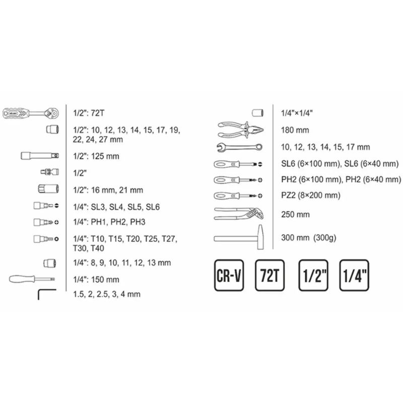 Набор инструментов 1/2" 1/4" 56шт 72Т CrV Molder в кейсе (MT61056)