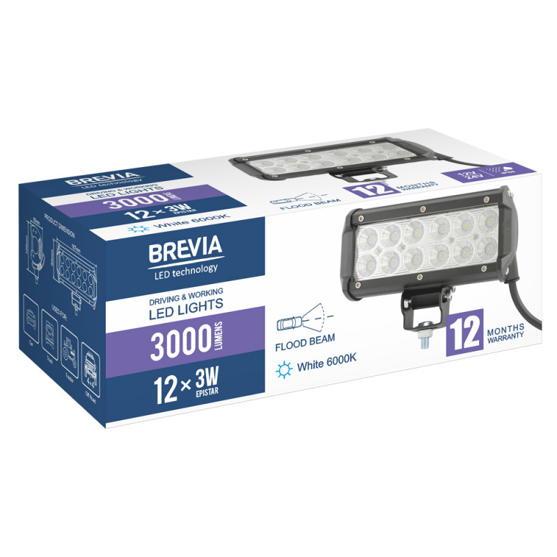 Додаткова фара на авто прямокутна Flood розсіяний білий колір світіння 3000Lm Brevia (10712FX1)