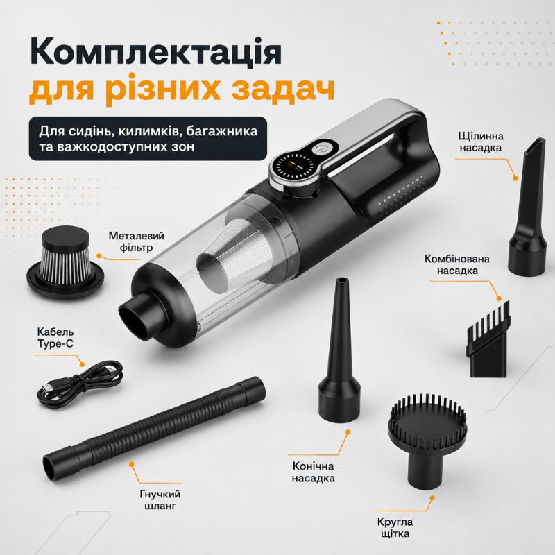Пилосос автомобільний акумуляторний 120Вт Gearo 4в1 17000PA  6000мАч 5 насадок чорний (GE0122)