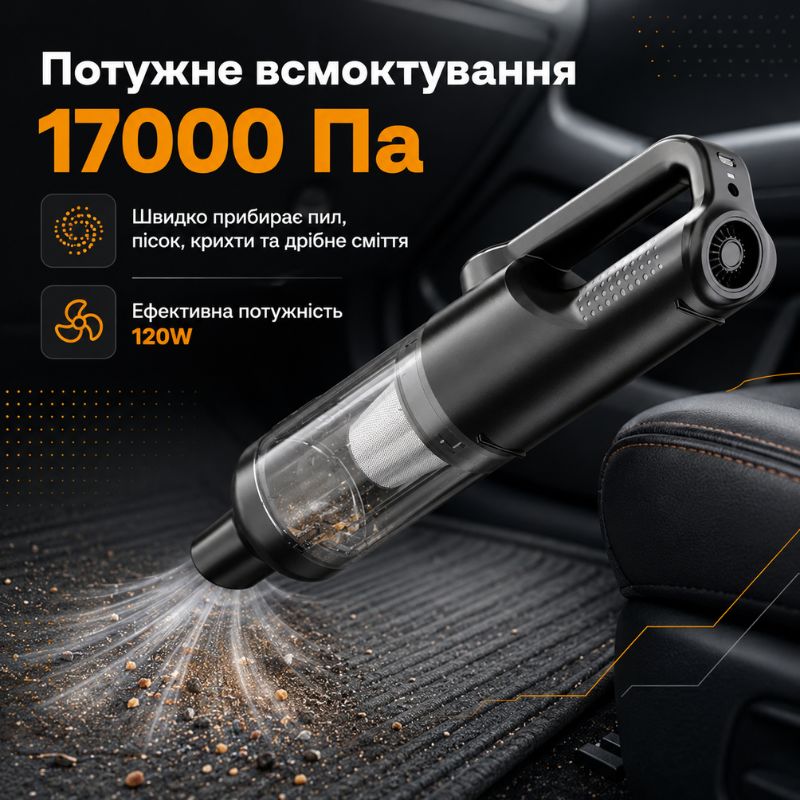Пилосос автомобільний акумуляторний 120Вт Gearo 4в1 17000PA  6000мАч 5 насадок чорний (GE0122)