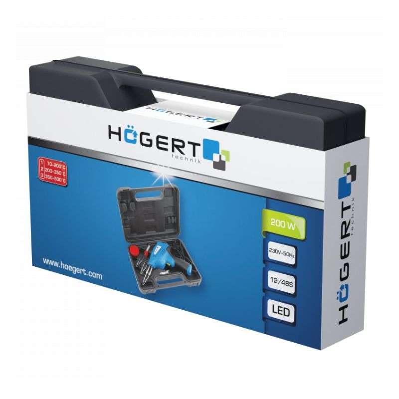 Паяльник електричний 200W 500°C Hogert 50Гц 220В зі знімним жалом в кейсі (HT2C311)