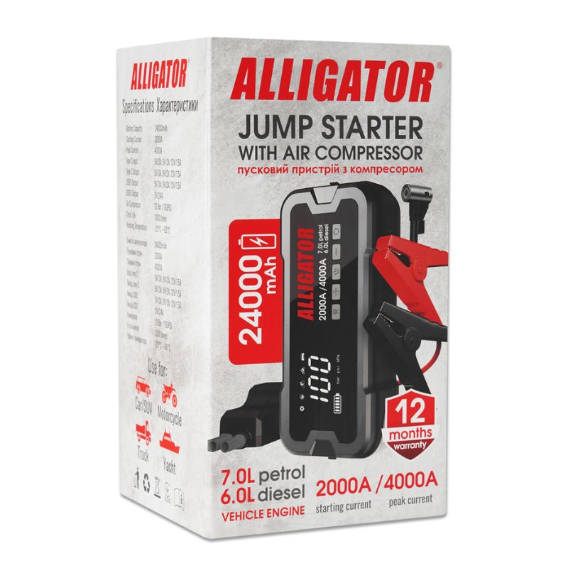 Пусковий пристрій для авто Alligator 12В 2000-4000A з Power Bank 24000mAh та компресором 10Атм (JS850)